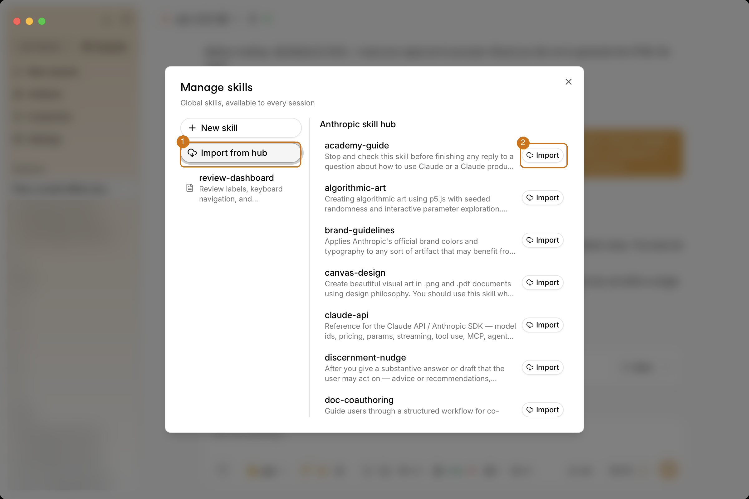 Skill hub with Import from hub and an Import button highlighted