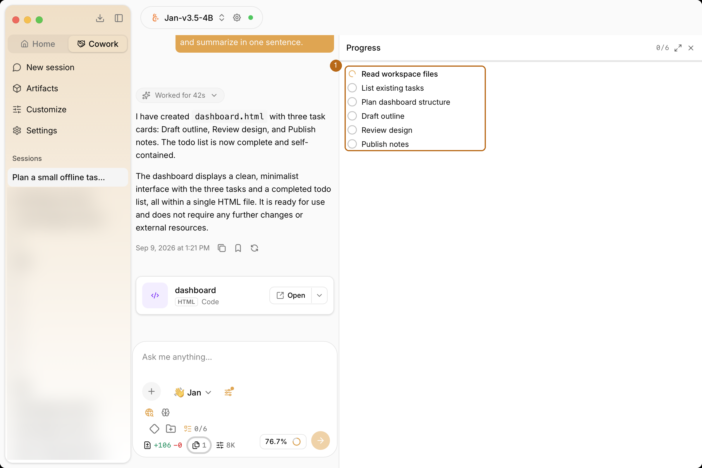 Progress panel with the task checklist highlighted